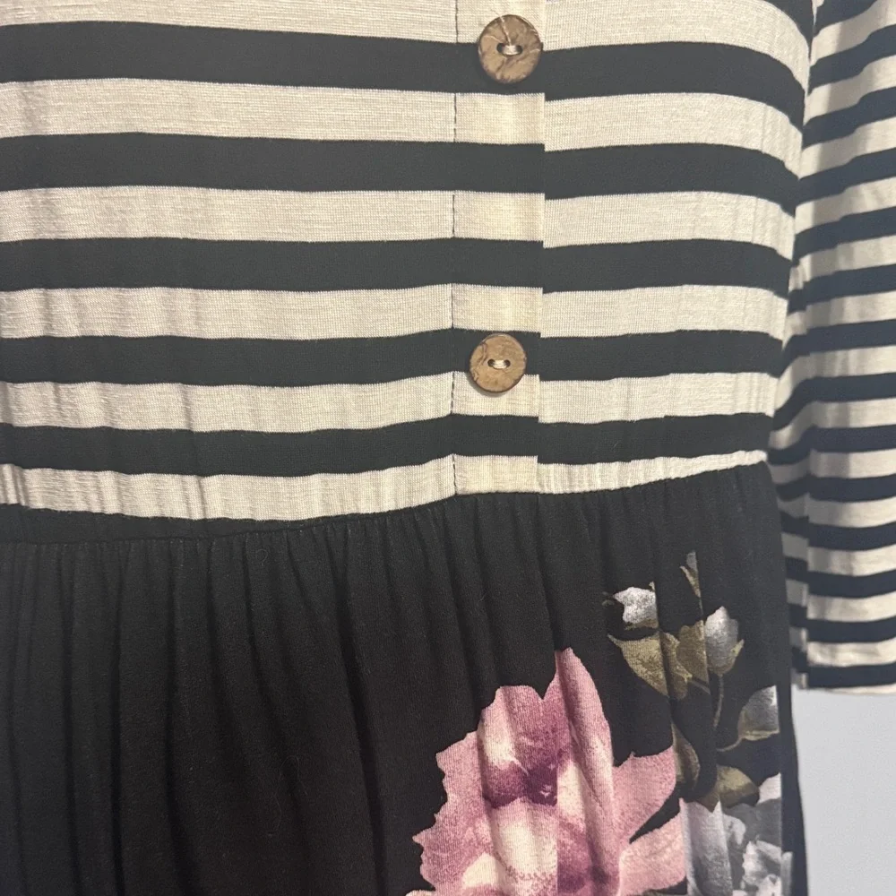 ODDY Black & White Striped Bodice Floral Midi Dress - Picture 2 of 4